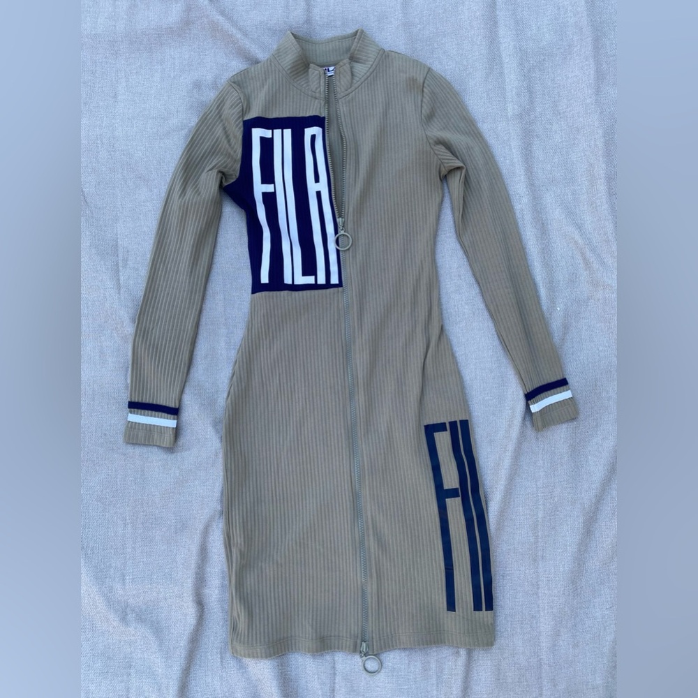 Fila Block Logo Ribbed Long Sleeve Dress - Ada Zip Dress EUC